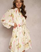 elsa.m by may Rochie bej deschis plisată midi cu imprimeu floral cu centură și nasturi Jazai