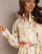 elsa.m by may Rochie bej deschis plisată midi cu imprimeu floral cu centură și nasturi Jazai