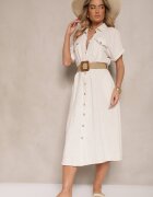 elsa.m by may Rochie bej din in și viscoză cu croială tip cămașă cu curea cu cataramă Eladlena