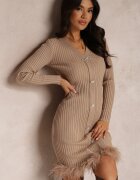 elsa.m by may Rochie Bej din Tricot Reiat cu Pene Euryleia