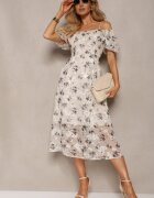 elsa.m by may Rochie Bej-Gri cu model floral cu mâneci bufante și decolteu spaniol Nibbia