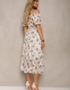 elsa.m by may Rochie Bej-Gri cu model floral cu mâneci bufante și decolteu spaniol Nibbia