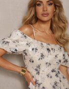 elsa.m by may Rochie Bej-Gri cu model floral cu mâneci bufante și decolteu spaniol Nibbia