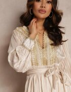 elsa.m by may Rochie Bej Metalică cu Decolteu Decorativ și Curea Adyson