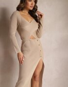 elsa.m by may Rochie Bej Mulată Decorată cu Decupaj pe Abdomen și cu Zirconii Odia