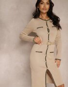 elsa.m by may Rochie bej mulată din tricot cu vâscoză decorată cu aplicații metalice și cu curea Doredi