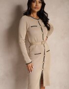 elsa.m by may Rochie bej mulată din tricot cu vâscoză decorată cu aplicații metalice și cu curea Doredi