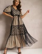 elsa.m by may Rochie Bej-Neagră Maxi De tul Cloș Cu cordon și mâneci bufante Bervilla