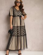 elsa.m by may Rochie Bej-Neagră Maxi De tul Cloș Cu cordon și mâneci bufante Bervilla