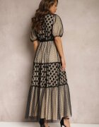 elsa.m by may Rochie Bej-Neagră Maxi De tul Cloș Cu cordon și mâneci bufante Bervilla