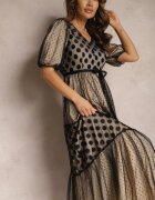 elsa.m by may Rochie Bej-Neagră Maxi De tul Cloș Cu cordon și mâneci bufante Bervilla