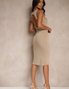 elsa.m by may Rochie Bej Reiată din Viscoză cu Croială Mulată cu Spatele Decupat Saranire