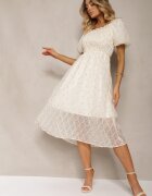 elsa.m by may Rochie Bej-Roz cu Decolteu plisat cu croi evazat cu Mâneci bufante Vikirrena