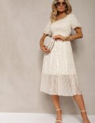 elsa.m by may Rochie Bej-Roz cu Decolteu plisat cu croi evazat cu Mâneci bufante Vikirrena