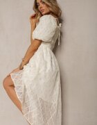 elsa.m by may Rochie Bej și Albastru cu decolteu încrețit cu croi evazat și mâneci bufante Vikirrena