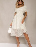 elsa.m by may Rochie Bej și Albastru cu decolteu încrețit cu croi evazat și mâneci bufante Vikirrena