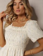 elsa.m by may Rochie Bej și Albastru cu decolteu încrețit cu croi evazat și mâneci bufante Vikirrena