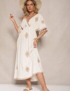 elsa.m by may Rochie Bej Tip Plic din In și Viscoză Decorată cu Broderie și Legătură Deselira