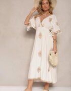 elsa.m by may Rochie Bej Tip Plic din In și Viscoză Decorată cu Broderie și Legătură Deselira