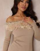 elsa.m by may Rochie Bej Tricotată cu Pene Thanula