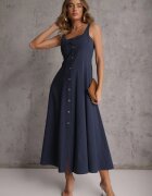elsa.m by may Rochie Bleumarin Evazată cu Vâscoză și Bumbac Decorată cu nasturi Nikippe