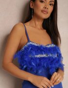 elsa.m by may Rochie bleumarin mulată cu pene la decolteu Lefouto
