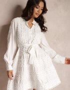 elsa.m by may Rochie Cămașă Albă cu Cordon Legat și Benzi Ajurate Deme