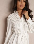 elsa.m by may Rochie cămașă albă cu panglici ajurate și guler tunica Chehi