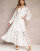 elsa.m by may Rochie Cămașă Albă Maxi cu Nasturi Decorativi și Zirconii din Țesătură din Dantelă Armina