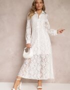 elsa.m by may Rochie Cămașă Albă Maxi cu Nasturi Decorativi și Zirconii din Țesătură din Dantelă Armina