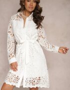 elsa.m by may Rochie cămașă albă mini cu dantelă ajurată și curea Norila