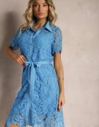 elsa.m by may Rochie Cămașă Albastră De Dantelă Midi Cu Curea Azariela