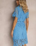 elsa.m by may Rochie Cămașă Albastră De Dantelă Midi Cu Curea Azariela