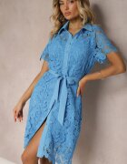 elsa.m by may Rochie Cămașă Albastră De Dantelă Midi Cu Curea Azariela