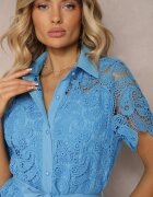 elsa.m by may Rochie Cămașă Albastră De Dantelă Midi Cu Curea Azariela