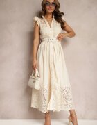 elsa.m by may Rochie cămașă bej cu broderie ajurată și curea cu cataramă dreptunghiulară Trika