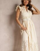 elsa.m by may Rochie cămașă bej cu broderie ajurată și curea cu cataramă dreptunghiulară Trika
