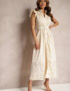 elsa.m by may Rochie cămașă bej cu broderie ajurată și curea cu cataramă dreptunghiulară Trika