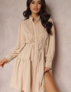 elsa.m by may Rochie cămașă Bej deschis cu benzi ajurate și guler înalt Chehi