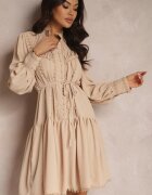 elsa.m by may Rochie cămașă Bej deschis cu benzi ajurate și guler înalt Chehi