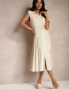 elsa.m by may Rochie-camașă bej din viscoză cu bumbac și curea Artebia