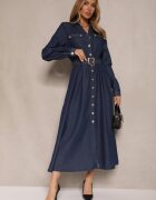 elsa.m by may Rochie Cămașă Bleu Marin din Vâscoză cu Bumbac Decorată cu o Curea Halanoria