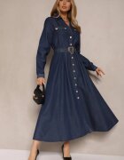 elsa.m by may Rochie Cămașă Bleu Marin din Vâscoză cu Bumbac Decorată cu o Curea Halanoria