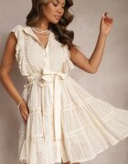 elsa.m by may Rochie Cămașă Dantelată Bej deschis cu Volane și Curea Legată Lucerna