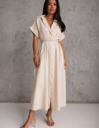 elsa.m by may Rochie-cămașă din bumbac și vâscoză cu dungă îngustă în talie Coriopis Bej deschis