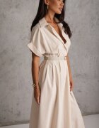 elsa.m by may Rochie-cămașă din bumbac și vâscoză cu dungă îngustă în talie Coriopis Bej deschis