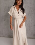 elsa.m by may Rochie-cămașă din bumbac și vâscoză cu dungă îngustă în talie Coriopis Bej deschis