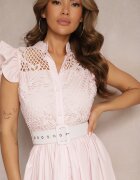 elsa.m by may Rochie cămașă Roz cu Broderie Ajurată și Curea cu Cataramă Dreptunghiulară Trika