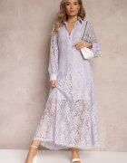 elsa.m by may Rochie Cămașă Violetă Maxi cu Butoane Decorative și Zirconii din Țesătură de Dantelă Armina