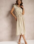 elsa.m by may Rochie camiseră bej din Viscoză fără Mâneci cu Elastic în Talie Noreviana